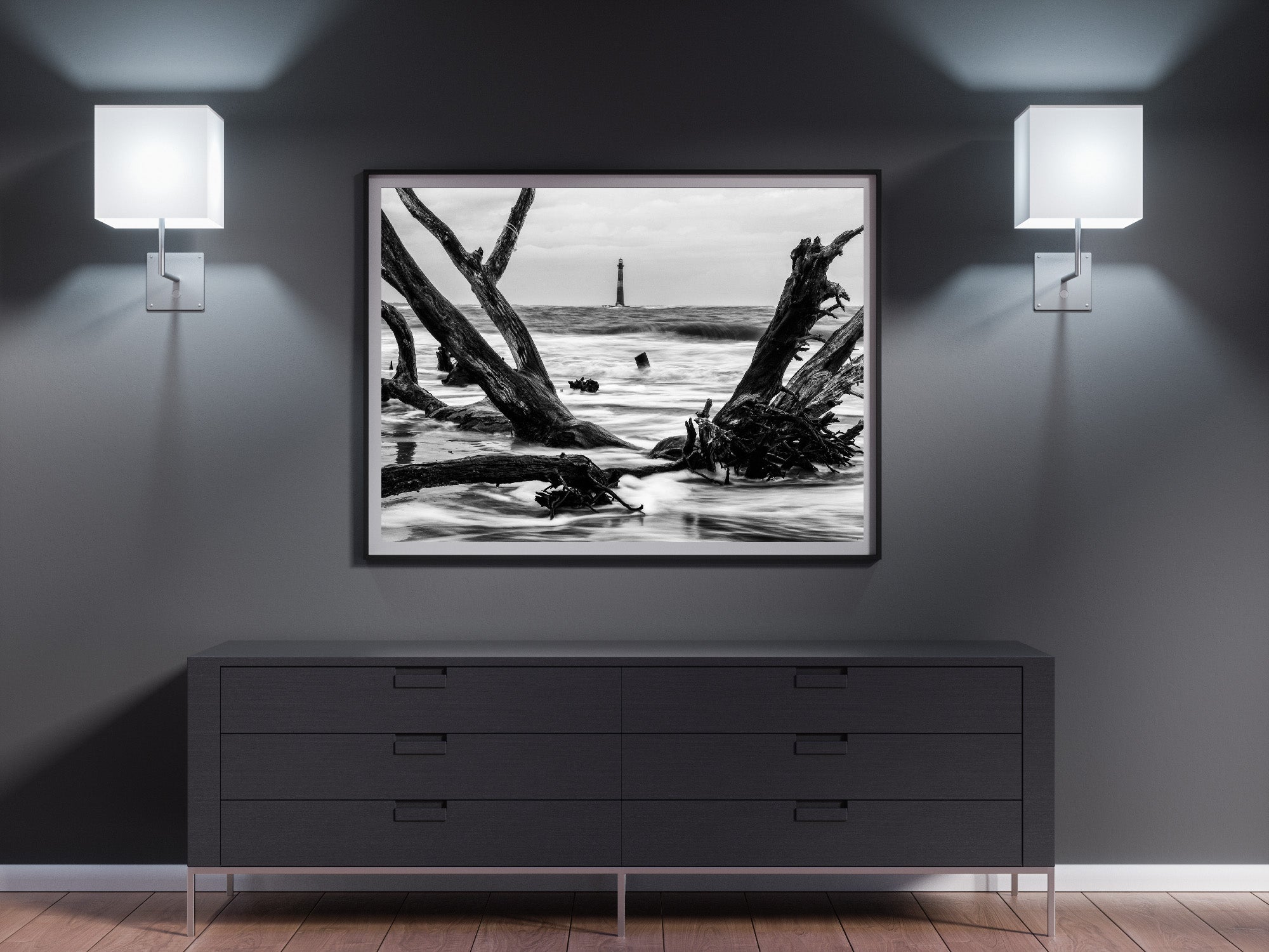 Driftwood with Morris Island (black & white)